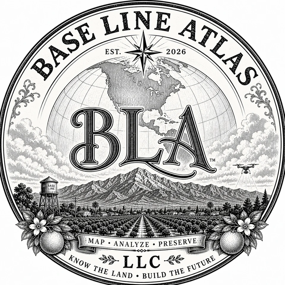 Base Line Atlas vintage engraved seal featuring a globe, compass, San Antonio foothills, citrus groves and a small mapping drone.